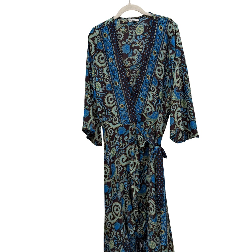 Karma Highway Paisley Floral Wrap Dress Blue Brown Bell Sleeve One Size Boho